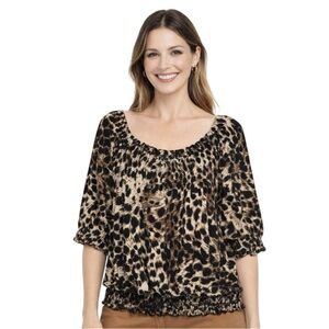 Jonden Women Leopard-Print Peasant Blouse with Smocked Hem Size Large